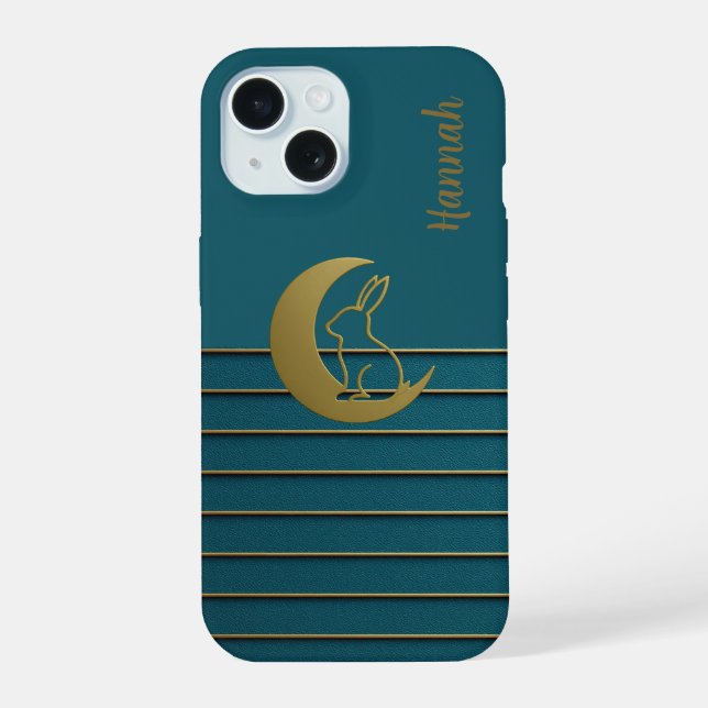 Golden Moon & Bunny on Teal Phone Case (Back)