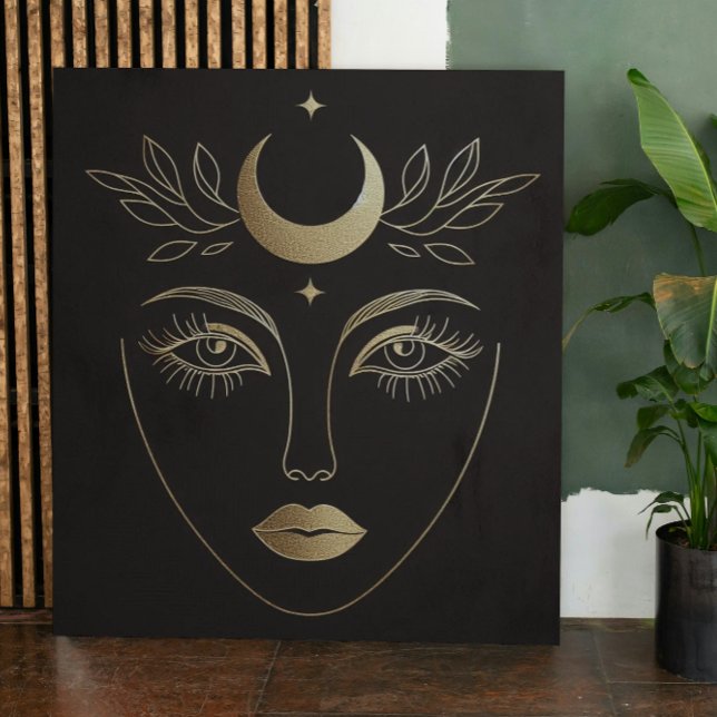Golden Moon Crown Abstract Feminine Portrait Canvas Print (Feminine moon power. Mystic wall art for your home. #MoonGoddess #BohoDecor)