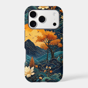 Golden Moon Mountain Night Sky Lotus Floral Pattrn