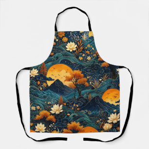 Golden Moon Mountain Night Sky Lotus Floral Pattrn Apron