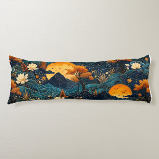 Golden Moon Mountain Night Sky Lotus Floral Pattrn Body Cushion