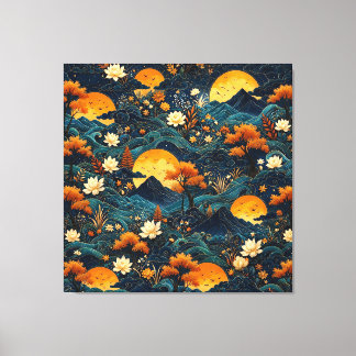 Golden Moon Mountain Night Sky Lotus Floral Pattrn Canvas Print