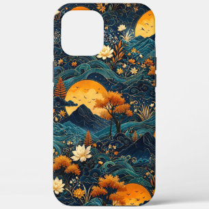 Golden Moon Mountain Night Sky Lotus Floral Pattrn iPhone 12 Pro Max Case