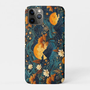 Golden Moon Mountain Night Sky Lotus Floral Pattrn iPhone 11 Pro Case