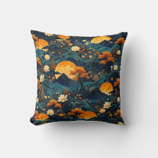 Golden Moon Mountain Night Sky Lotus Floral Pattrn Cushion