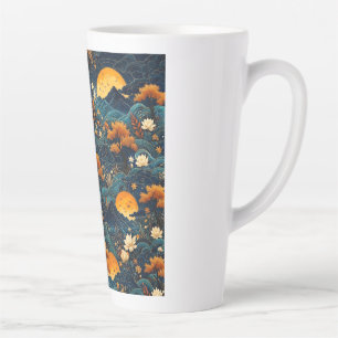 Golden Moon Mountain Night Sky Lotus Floral Pattrn Latte Mug