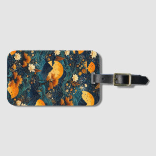 Golden Moon Mountain Night Sky Lotus Floral Pattrn Luggage Tag