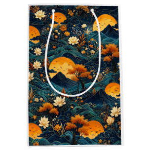 Golden Moon Mountain Night Sky Lotus Floral Pattrn Medium Gift Bag