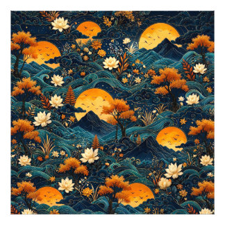 Golden Moon Mountain Night Sky Lotus Floral Pattrn Photo Print