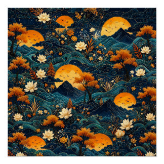 Golden Moon Mountain Night Sky Lotus Floral Pattrn Poster