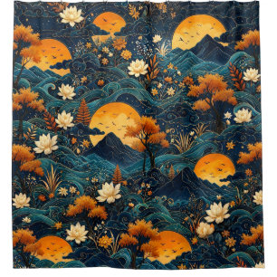 Golden Moon Mountain Night Sky Lotus Floral Pattrn Shower Curtain