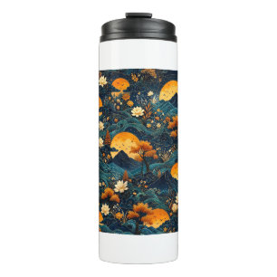 Golden Moon Mountain Night Sky Lotus Floral Pattrn Thermal Tumbler