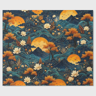 Golden Moon Mountain Night Sky Lotus Floral Pattrn Wrapping Paper