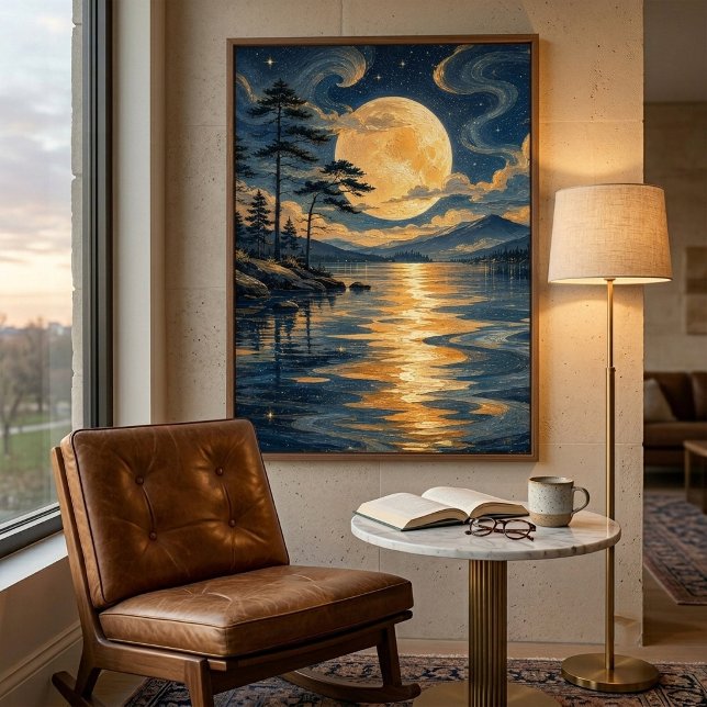Golden Moon Over Lake Art Poster (Creator Uploaded)