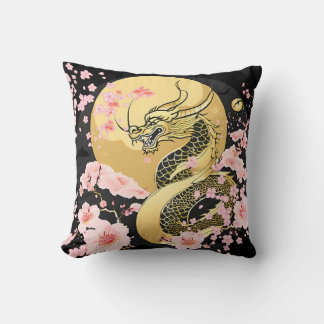 Golden Moon Sakura Dragon Throw Pillow