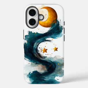 Golden Moon & Stars Dream Wave Watercolor Phone iPhone 16 Case