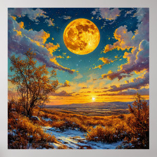 🌕 Golden Moon Sunset Meadow Tree Nature Glow Poster
