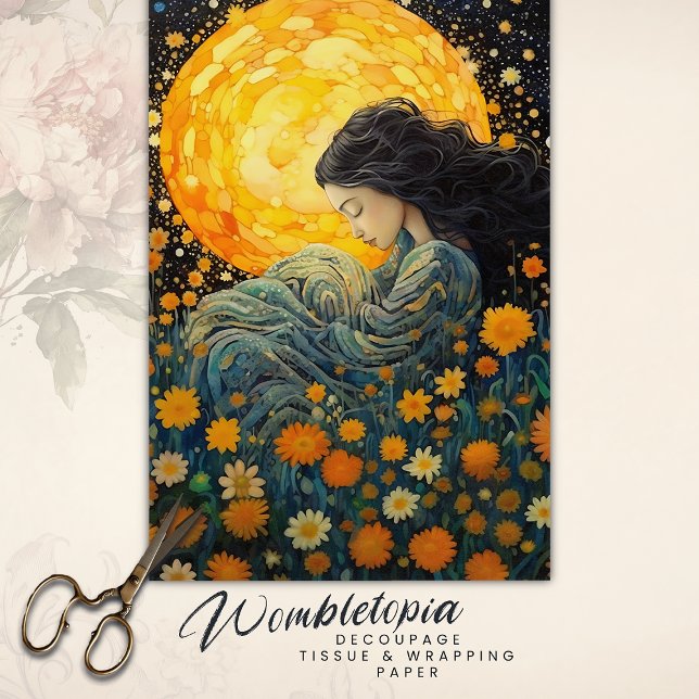 Golden Moonlight Girl Art Nouveau Floral Decoupage Tissue Paper (Creator Uploaded)