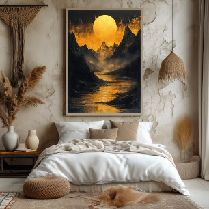 Golden Moonlit River in Monochrome Gold Poster