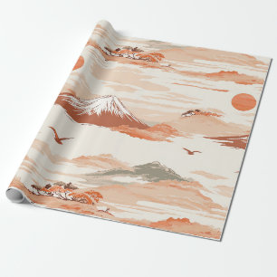 Golden Mount Fuji Sunrise Japan Watercolor Pattern Wrapping Paper