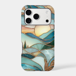Golden Mountain Peaks Forest Stained Glass Art