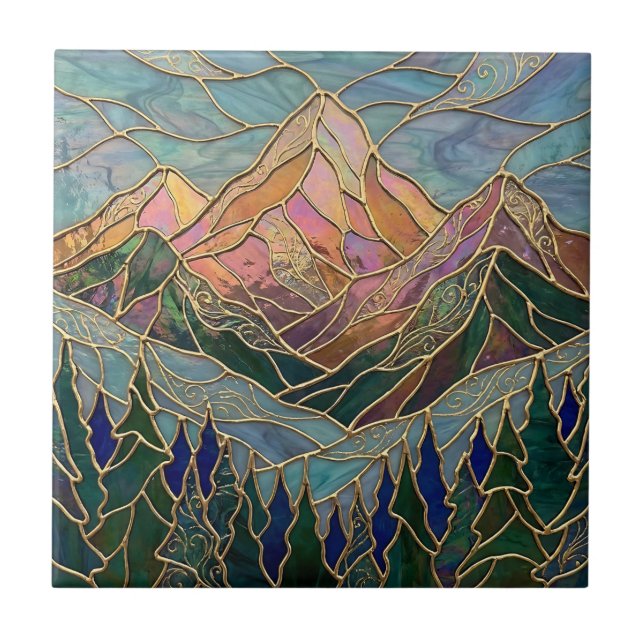 Golden Mountain Peaks Forest Stained Glass Art Tile (Front)