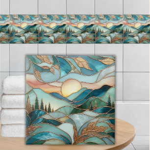 Golden Mountain Peaks Forest Stained Glass Art Tile