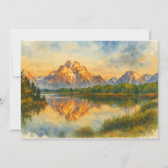 Golden Mountain Reflection Watercolor Landscape Thank You Card (Front)