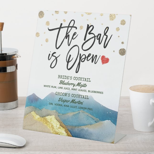 Golden Mountain Wedding The Bar is Open Drink Menu Pedestal Sign (In SItu)