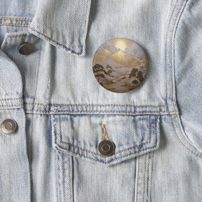 Golden Mountains and Misty Temples Japanese Art  6 Cm Round Badge (In Situ)