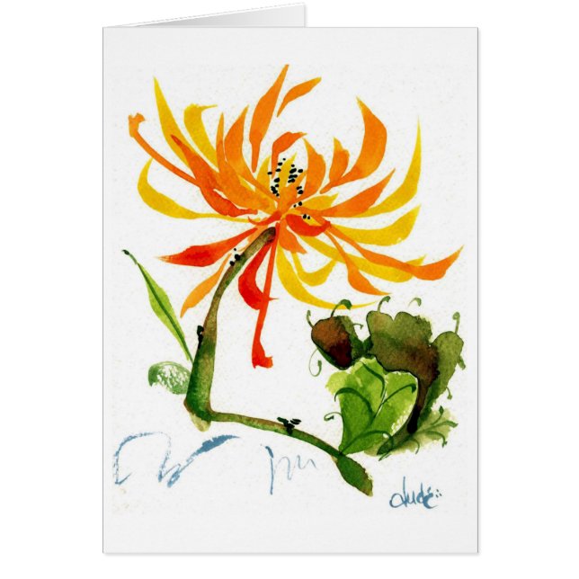 Golden Mum Chinese Brush Watercolor Card (Front)