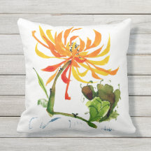 Golden Mum Chinese Brush Watercolor Outdoor Pillow