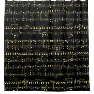 Golden Music Bars on Black  Shower Curtain