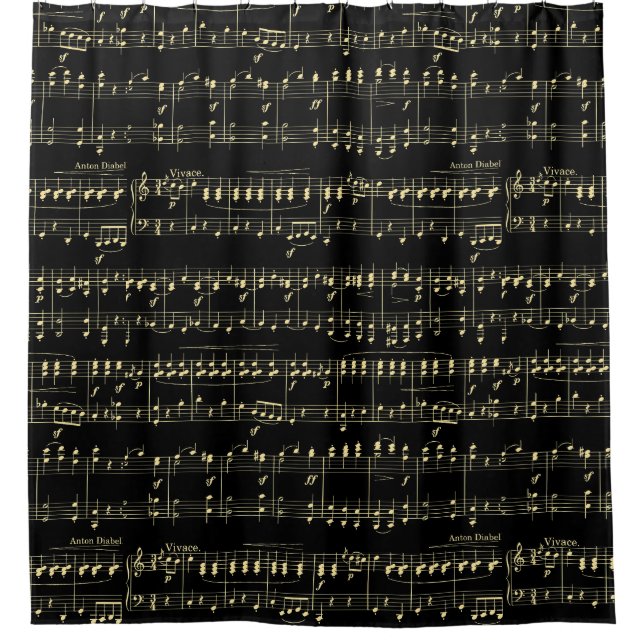 Golden Music Bars on Black  Shower Curtain (Front)