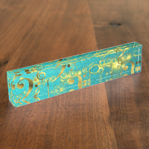 golden music notes in mint nameplate