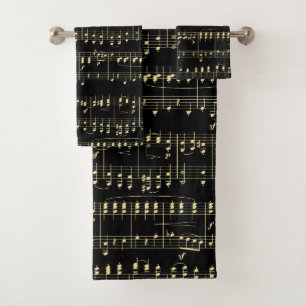 Golden Music on Black  Bath Towel Set