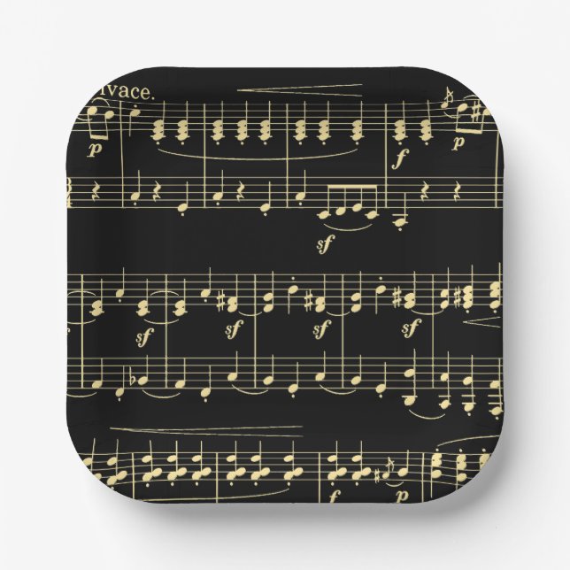 Golden Music on Black  Paper Plate (Front)