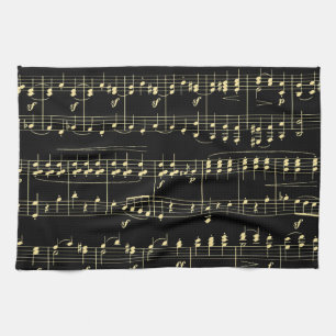 Golden Music on Black  Tea Towel