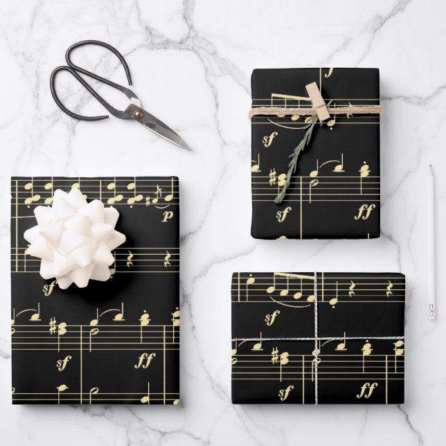 Golden Music on Black  Wrapping Paper Sheet (Front)
