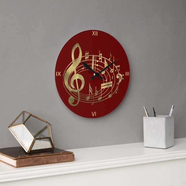 Golden Musical Notes in Oval Shape on Red Large Clock (Office)
