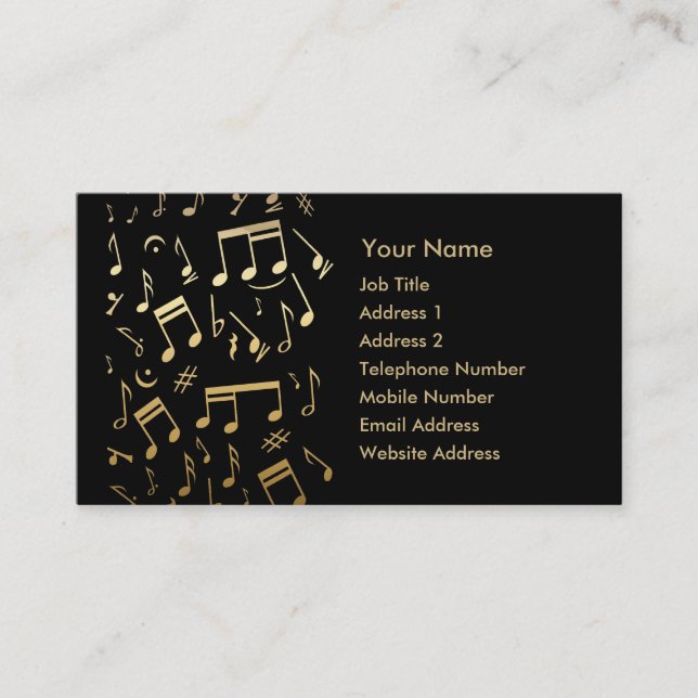 Golden musical notes on Black Business Card (Front)