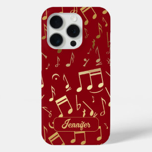Golden Musical Notes on deep red Background iPhone 15 Pro Case