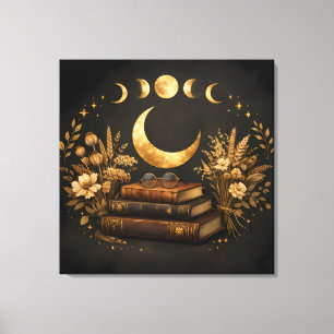 Golden Mystic Library & Botanical Boho Moon Art Canvas Print