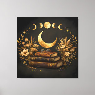 Golden Mystic Library & Botanical Boho Moon Art  Canvas Print