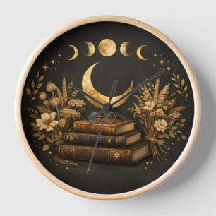 Golden Mystic Library & Botanical Boho Moon Art Clock