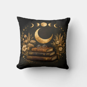 Golden Mystic Library & Botanical Boho Moon Art  Cushion