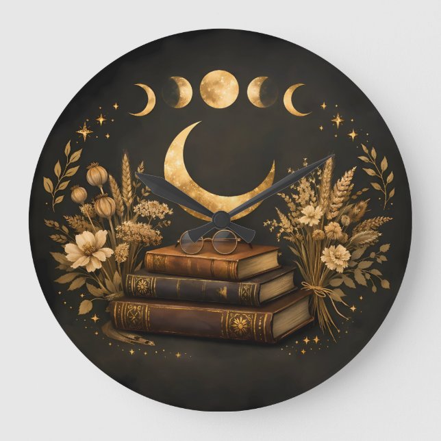 Golden Mystic Library & Botanical Boho Moon Art  Large Clock (Front)