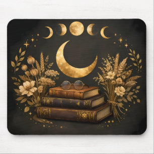 Golden Mystic Library & Botanical Boho Moon Art Mouse Mat