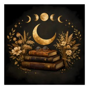 Golden Mystic Library & Botanical Boho Moon Art Poster