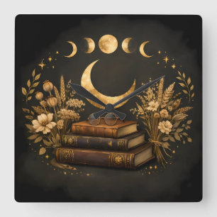 Golden Mystic Library & Botanical Boho Moon Art Square Wall Clock